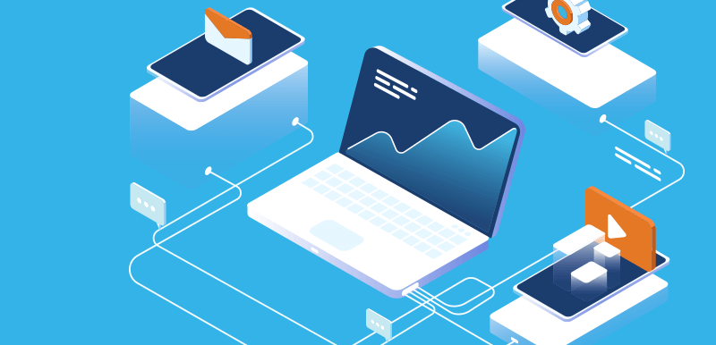 Graphic of a laptop and cords connected to indicate affiliate marketing