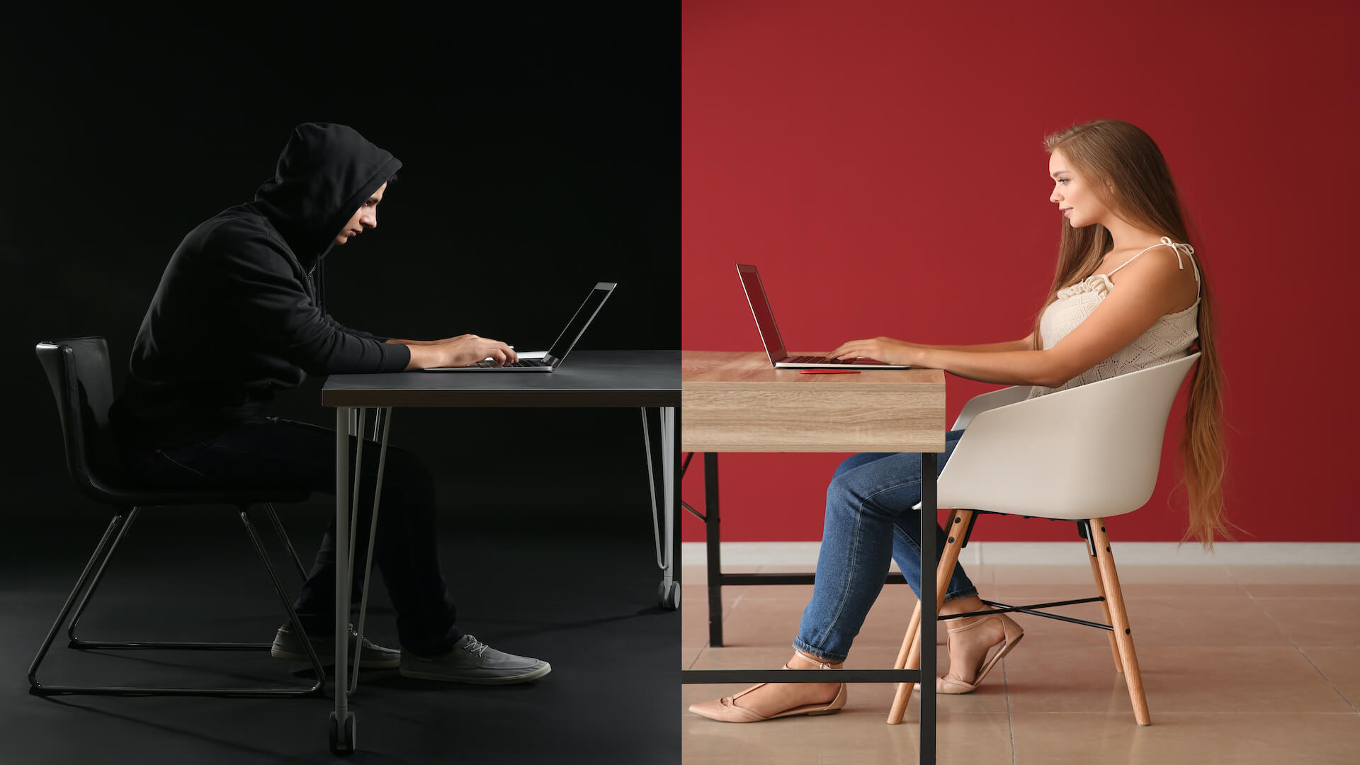Consumer and fraudster sitting across from each other to indicate ecommerce fraud threats